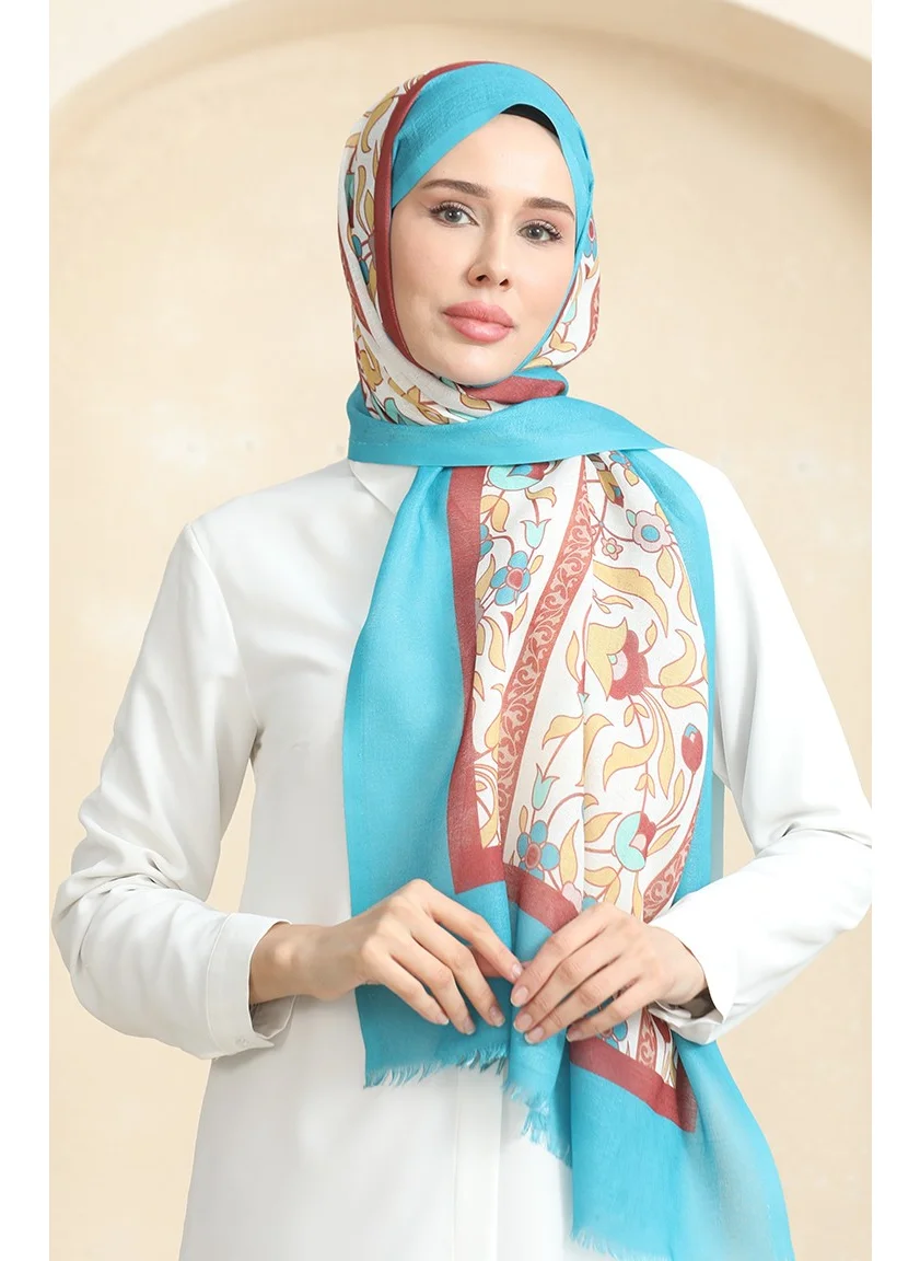 Sefa Merve Ethnic Patterned Cotton Shawl 90179-02 Turquoise Tan