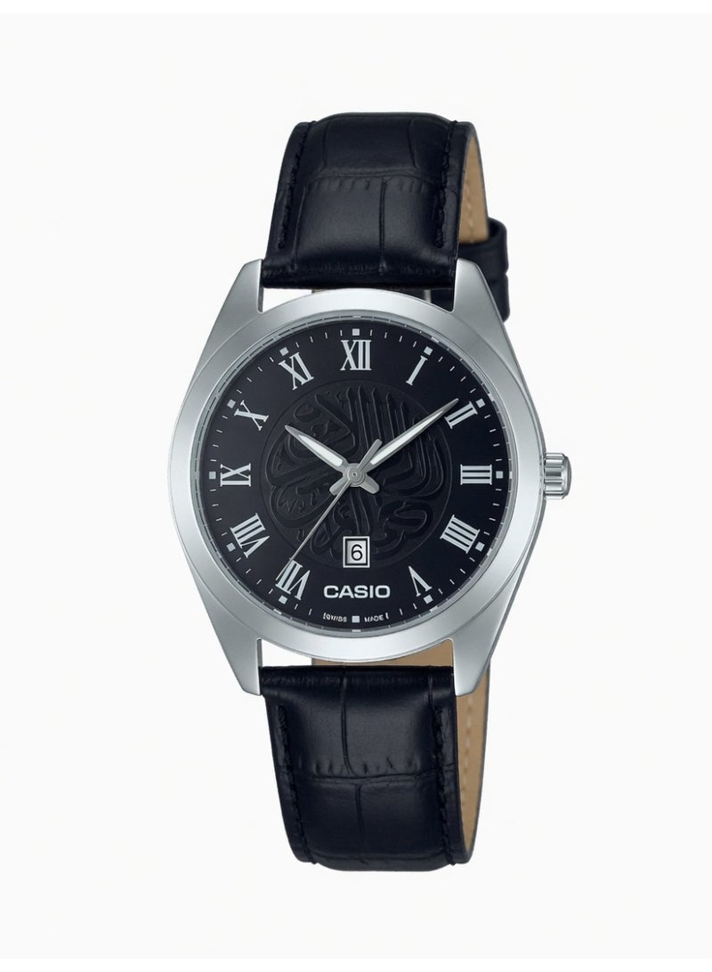 Casio Men's Analog Watch with Arabic Calligraphy Black Dial and Black Leather Strap - MTP-V002L-1B2