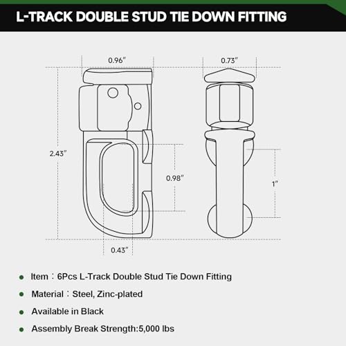 Onesnt L-Track Double Stud Tie Down Fitting | Used with L Track Rail for Truck Bed,Trailer Cargo Control,Pickup,RV,ATV,Bearing 5000LBS Heavy Duty Steel (Pack of 6 Black) - Image 2