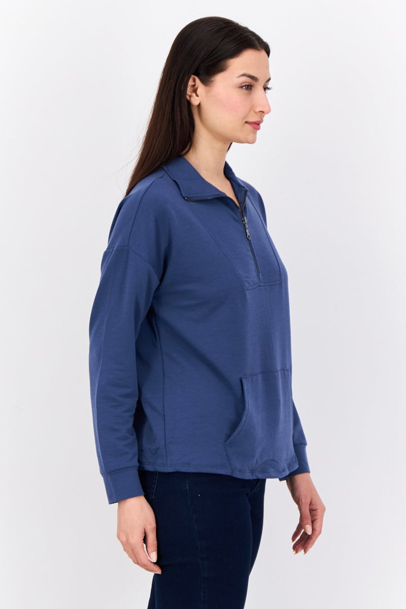 Cable & Gauge Women Half Zipper Long Sleeve Brand Logo Sweatshirt, Dark Dusty Blue - Image 2