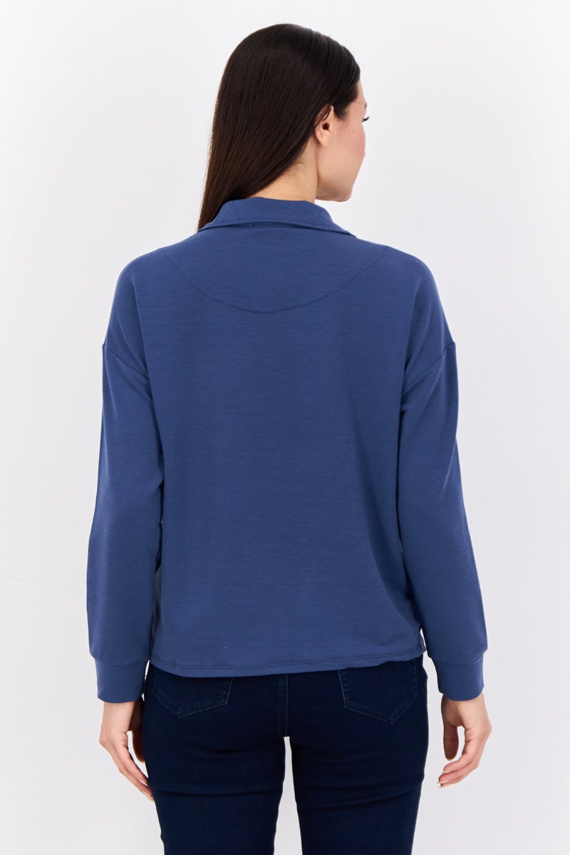 Cable & Gauge Women Half Zipper Long Sleeve Brand Logo Sweatshirt, Dark Dusty Blue - Image 3