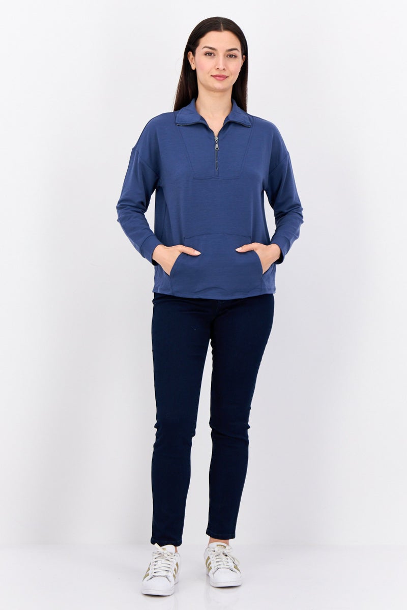 Cable & Gauge Women Half Zipper Long Sleeve Brand Logo Sweatshirt, Dark Dusty Blue - Image 4