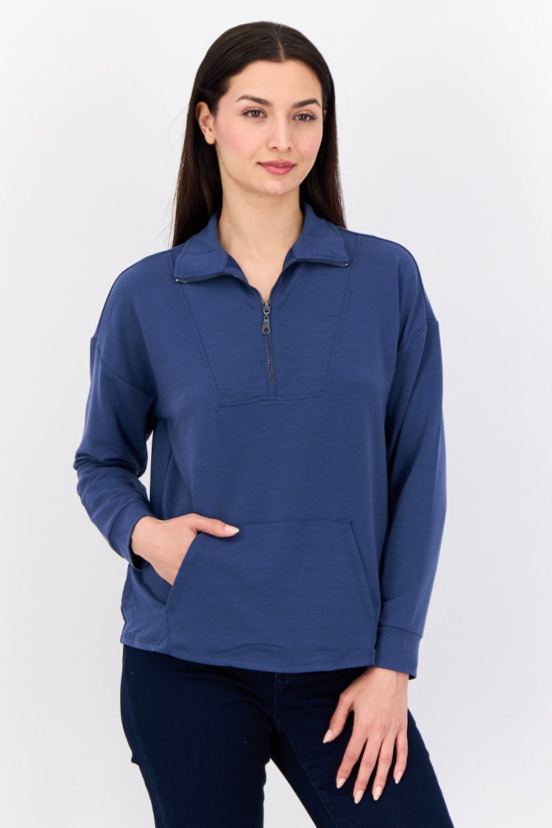 Cable & Gauge Women Half Zipper Long Sleeve Brand Logo Sweatshirt, Dark Dusty Blue - Image 1