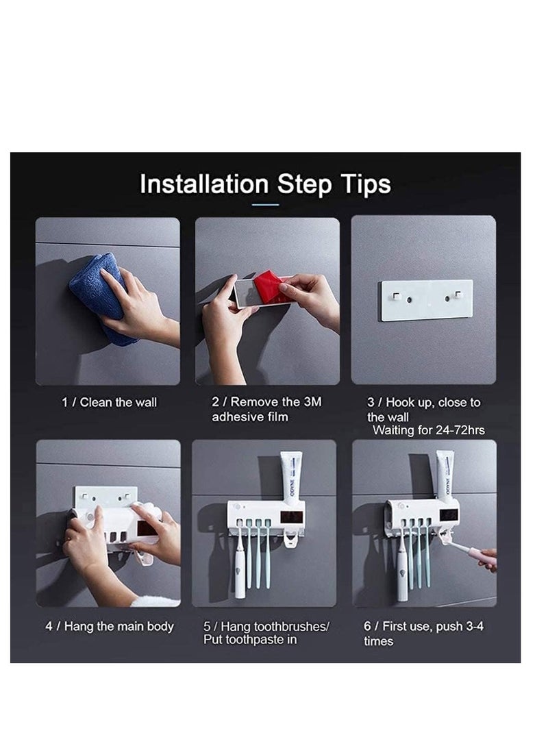 معقم فرشاة الأسنان بالأشعة فوق البنفسجية، حامل فرشاة الأسنان بالطاقة الشمسية، حامل فرشاة الأسنان، حامل فرشاة الأسنان، حامل فرشاة الأسنان مع موزع معجون الأسنان، منظم الحمام، رف تخزين أبيض - Image 3