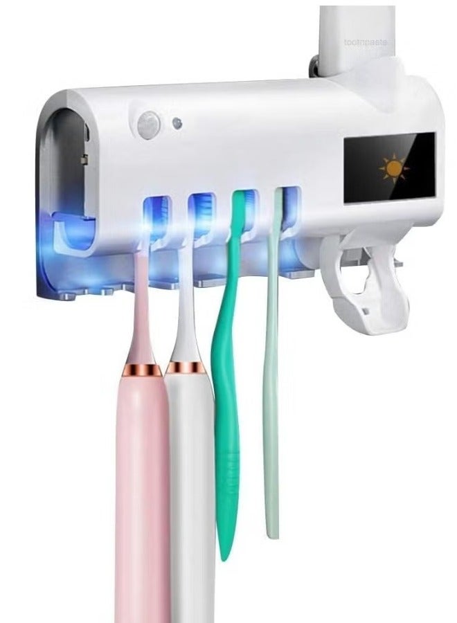 معقم فرشاة الأسنان بالأشعة فوق البنفسجية، حامل فرشاة الأسنان بالطاقة الشمسية، حامل فرشاة الأسنان، حامل فرشاة الأسنان، حامل فرشاة الأسنان مع موزع معجون الأسنان، منظم الحمام، رف تخزين أبيض - Image 1