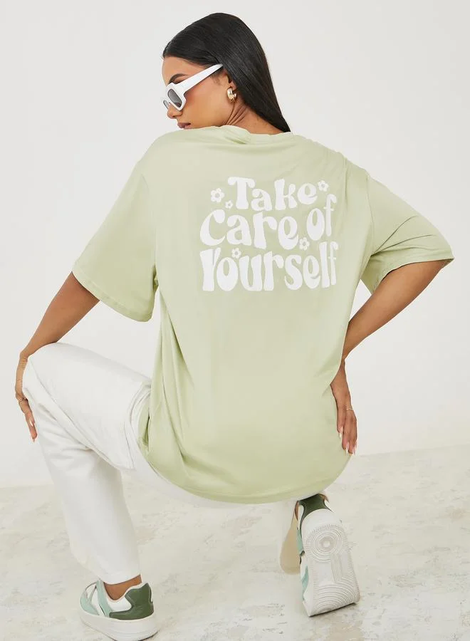 تايك تو Oversized Back Slogan Print Drop Shoulder T-Shirt