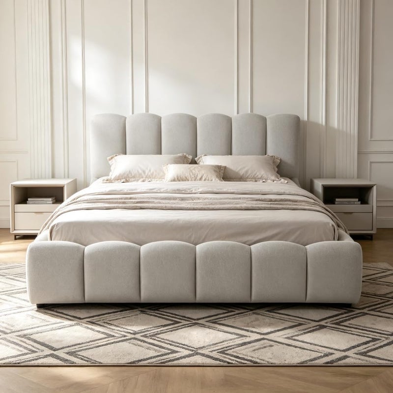 Cloud Upholstered Bed Frame, Teddy Fleece Modern Soft Boucle Platform Bed with Vertical Channel Headboard - Light Grey, Twin (120x200cm with Spring Pillow Top Mattress) - Image 3