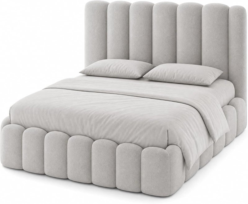 Cloud Upholstered Bed Frame, Teddy Fleece Modern Soft Boucle Platform Bed with Vertical Channel Headboard - Light Grey, Twin (120x200cm with Spring Pillow Top Mattress) - Image 5