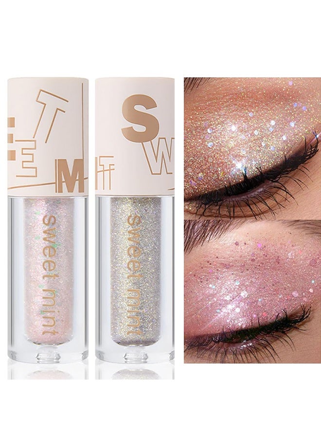 Sweet Mint 2pcs Liquid Sparkling Glitter Eye Shadow Sticks – Crystal Silver Golden Eyeshadow, Eyeliner, Eyelid Shimmer Highlight Makeup, sombra de para ojos,Waterproof Quick-Drying - Image 1