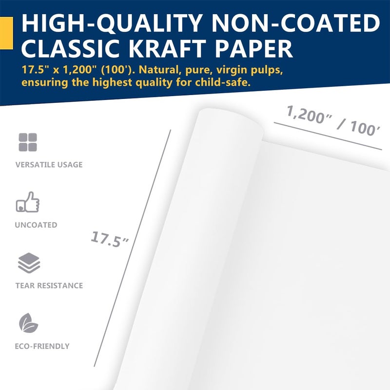PH PERKHOMY PerkHomy Craft Paper Roll 17.5" x 1,200" (100') White Kraft Easel Paper for Kids Gift Wrapping Bulletin Board Art Bouquet Flower Packing Moving Shipping Floor Covering Table (White, 17.5" x 100') - Image 2