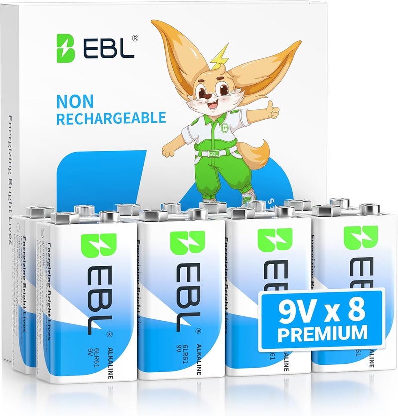 EBL 9V Alkaline Batteries 8 Pack - Long-Lasting Power with 7-Year Shelf Life - Image 1