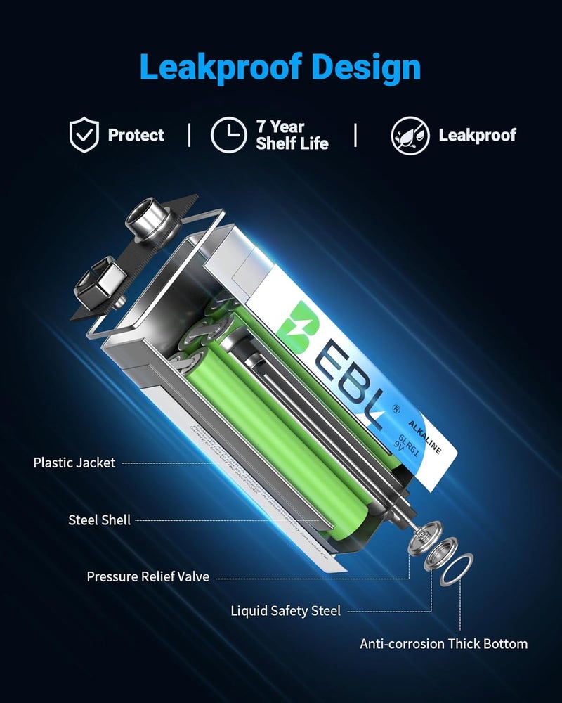 EBL 9V Alkaline Batteries 8 Pack - Long-Lasting Power with 7-Year Shelf Life - Image 3
