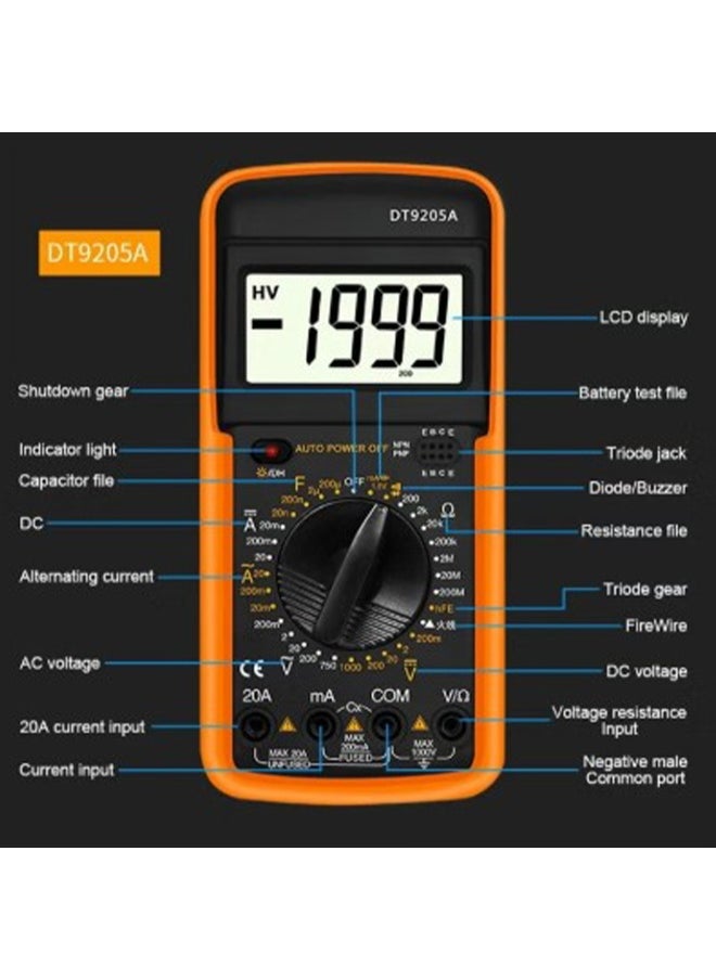 Generic DT9205A Multi-function Meter with Large LCD Display - Highly Accurate Voltage, Current, Resistance, Capacitance, Transistor and Diode Testing - Rugged Shock-Resistant Design with Auto-Off - Ideal for Technicians, Students, Engineers, and Home and Professional Use in Circuit and Electronic Device Diagnostics  - Image 3