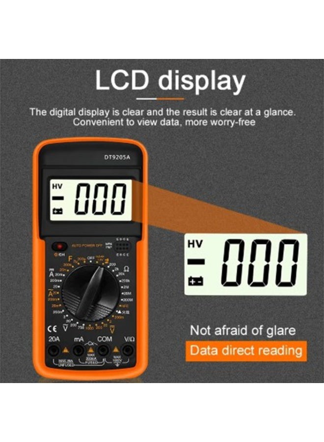 DT9205A Multi-function Meter with Large LCD Display - Highly Accurate Voltage, Current, Resistance, Capacitance, Transistor and Diode Testing - Rugged Shock-Resistant Design with Auto-Off - Ideal for Technicians, Students, Engineers, and Home and Professional Use in Circuit and Electronic Device Diagnostics