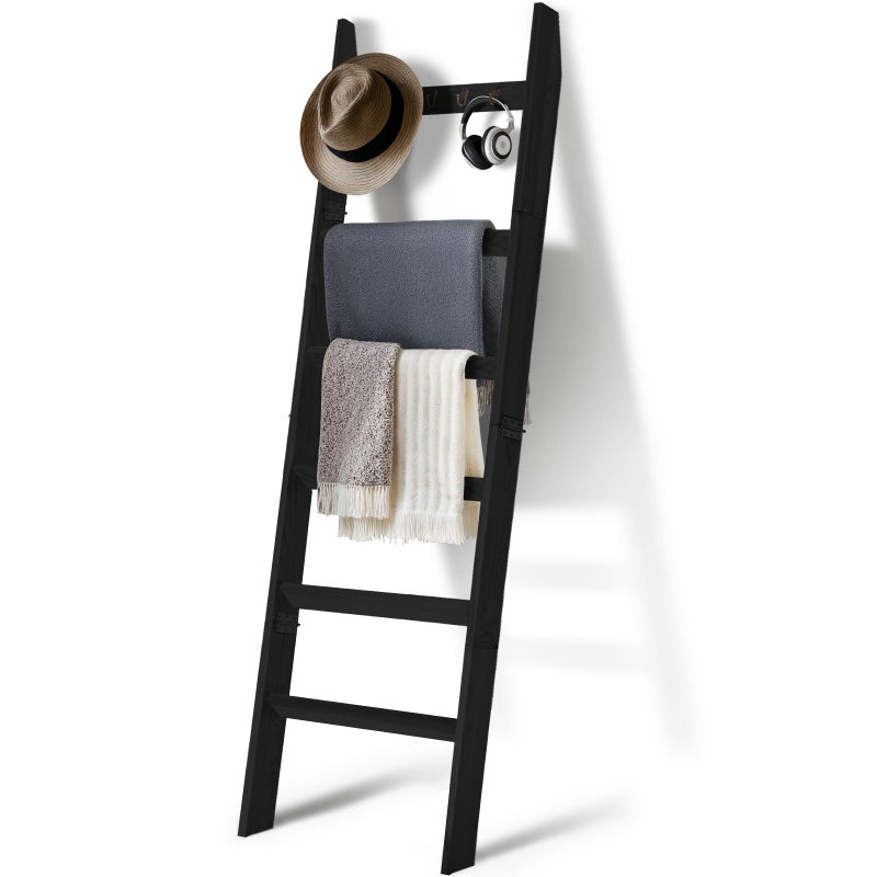 TEAKMAMA 6Tier Blanket Ladder for Living Room and Bedroom54 Ft Wall Leaning Quilt Rack with HooksRustic Decorative Farmhouse Blanket StorageStylish Ladder HolderEasy to AssembleBlack
