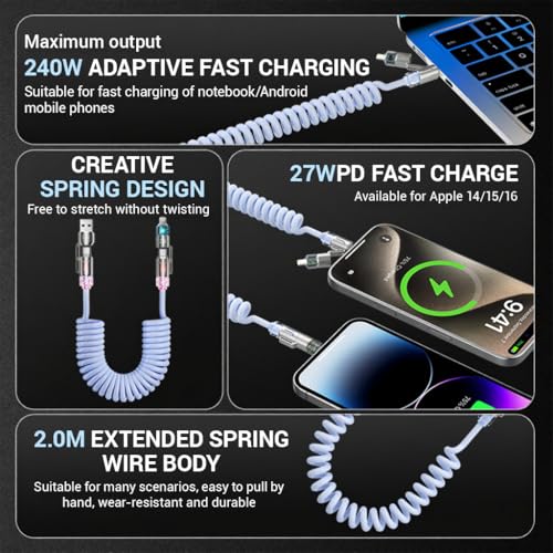 Verilux فيريلوكس® كابل USB إلى Type C 4 في 1 للآيفون 17/16/15/14، كابل Type C PD 240W للشحن السريع مع نقل بيانات بسرعة 480Mbps، تصميم كابل إضاءة قابل للسحب للأناقة للاستخدام المنزلي، في السيارة، أثناء السفر، وفي المكتب، باللون الأزرق - Image 2