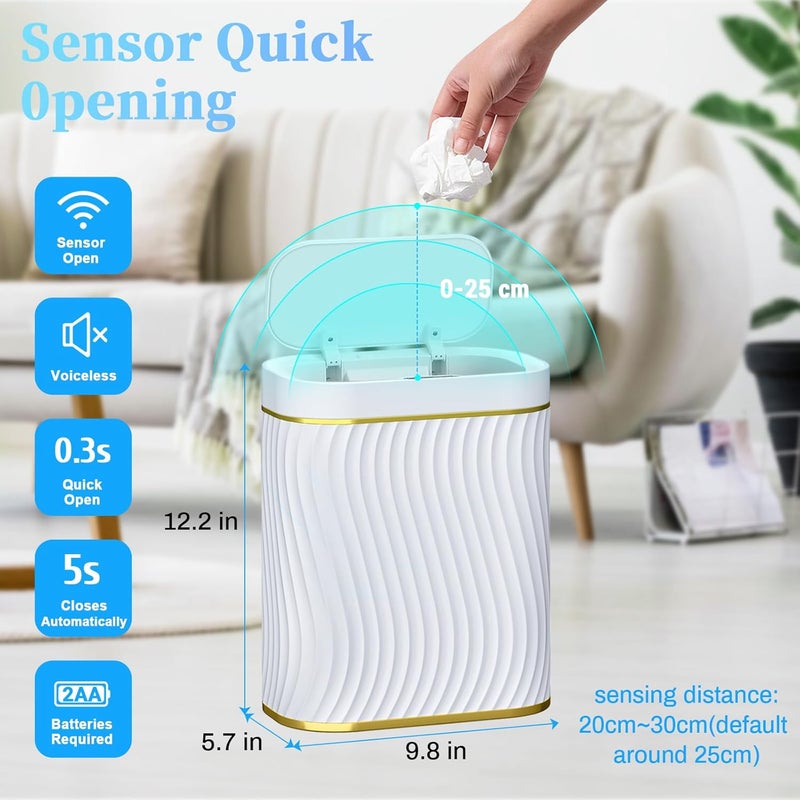 steo spce Bathroom Small Trash Can with Automatic Touchless Lid, 2.6 Gallon Smart Garbage Can Narrow Waterproof Trash Bin for Bedroom, Office, Living Room-Glod White - Image 2