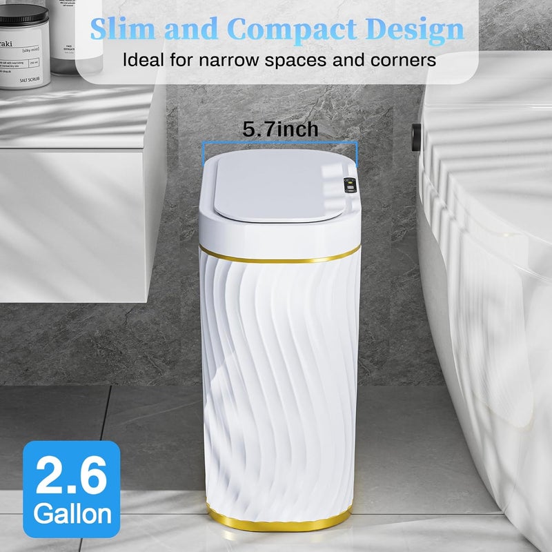 steo spce Bathroom Small Trash Can with Automatic Touchless Lid, 2.6 Gallon Smart Garbage Can Narrow Waterproof Trash Bin for Bedroom, Office, Living Room-Glod White - Image 3