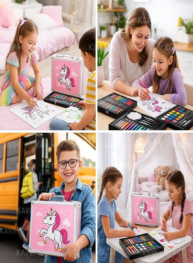 KAVIH Unicorn Art & Craft Painting Box, Coloring suitcase with 145 Color Kit, Professional Drawing Water Color Pencils, Oil Pastel, Sketches & Acrylic Paint Brush for Girls and Boys - Image 3