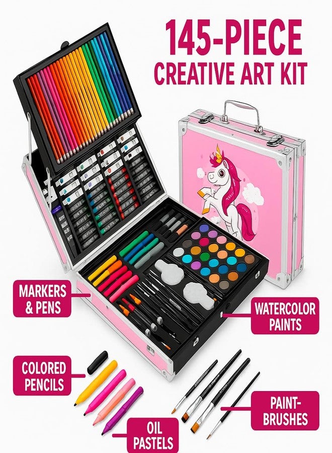 KAVIH Unicorn Art & Craft Painting Box, Coloring suitcase with 145 Color Kit, Professional Drawing Water Color Pencils, Oil Pastel, Sketches & Acrylic Paint Brush for Girls and Boys - Image 2