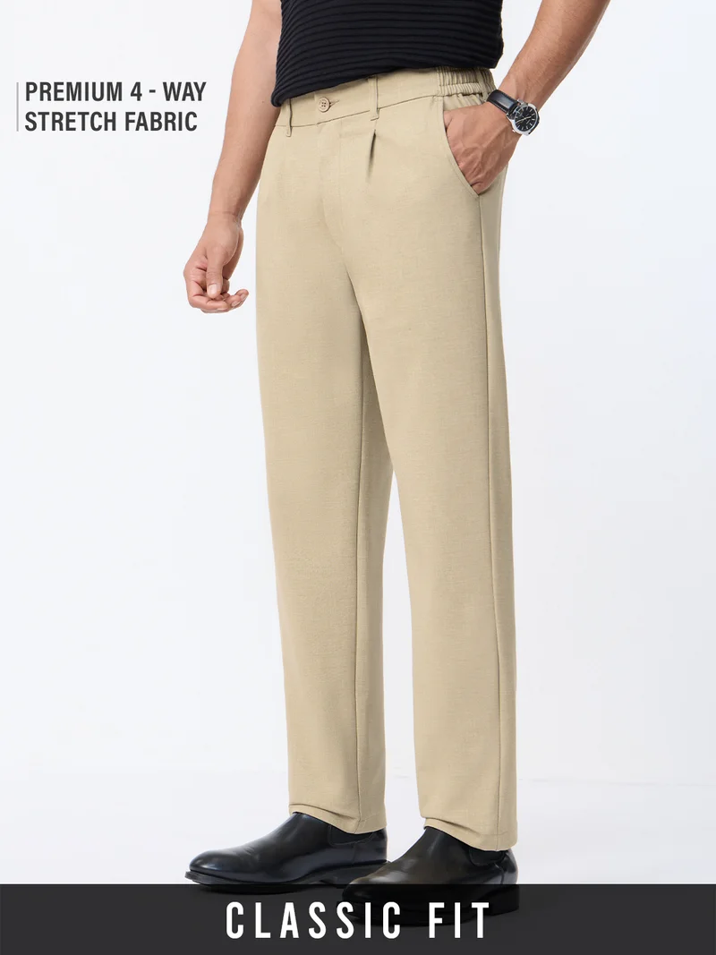 The Souled Store: Super-Flex Pants Men and Boys Beige Solid Poly-Viscose Blend Straight Fit 4-Way Stretch Wrinkle-Resistant Trousers