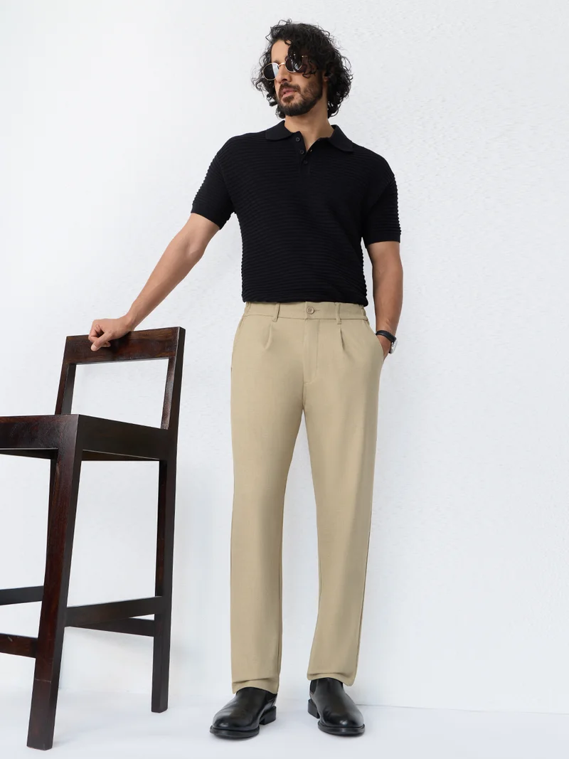 The Souled Store  The Souled Store: Super-Flex Pants Men and Boys Beige Solid Poly-Viscose Blend Straight Fit 4-Way Stretch Wrinkle-Resistant Trousers  | Best Price UAE