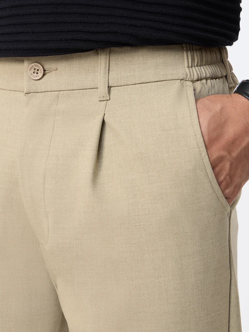 The Souled Store  The Souled Store: Super-Flex Pants Men and Boys Beige Solid Poly-Viscose Blend Straight Fit 4-Way Stretch Wrinkle-Resistant Trousers  | Best Price UAE