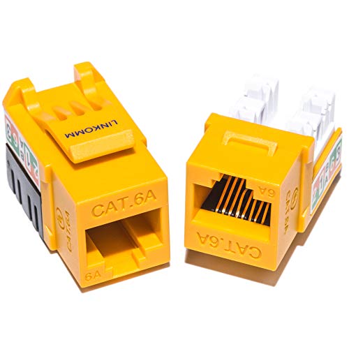 LINKOMM 50-Pack RJ45 Cat6A Slim Profile UTP Unshielded Keystone Jack with Punch Down Palm Holder (Yellow) - Image 1