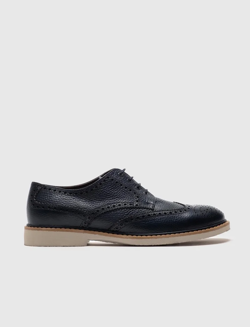 Cabani Genuine Leather Navy Blue Lace-Up Leather Lined Men's Casual Shoes