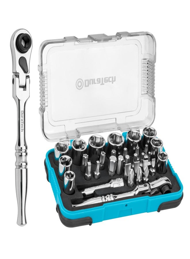 DURATECH 33-Piece 1/4" Drive Socket and Ratchet Set, 2 in 1 Flex Head Ratchet with Magnetic Bit Driver, CR-V Steel Sockets & Bits, Organized in Storage Case - Image 1