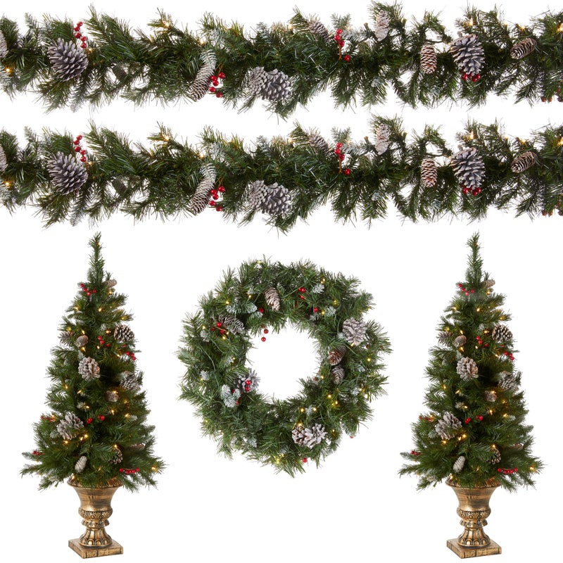 National Tree National Tree Company Prelit Holiday Christmas 5Piece Set  Wreath Set of 2 Entrance Trees and Garlands with White Lights 
