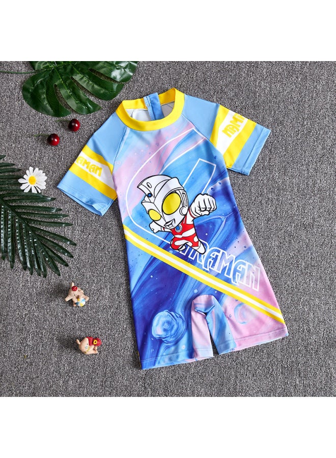 Generic Summer Children's Swimwear Girls' Small And Medium-sized Children's Swimwear Swimwear Cartoon Boys' Short-sleeved Suit-Color:188+ Hat-Size:L 100-110CM  - Image 3