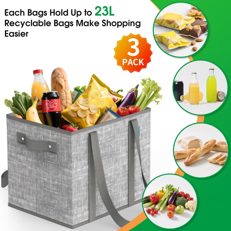 Fab totes Reusable Grocery Bags, Large Foldable Shopping Tote Bags with Reinforced Handles & Hard Bottom,3 Pack,Grey - Image 4