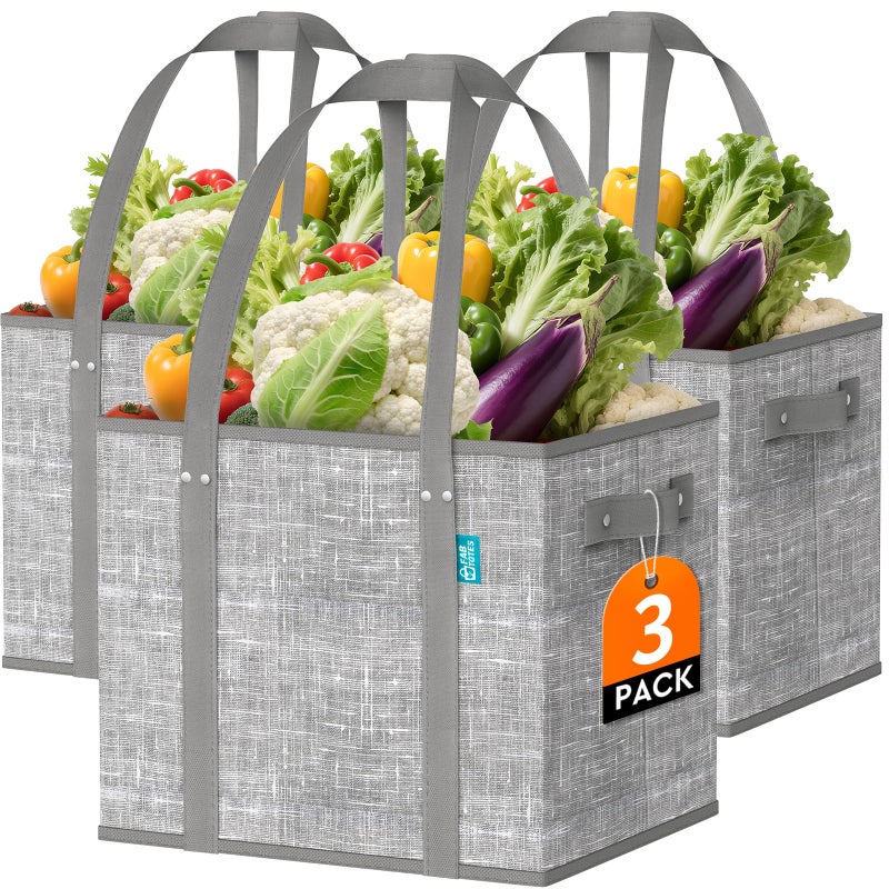 Fab totes Reusable Grocery Bags, Large Foldable Shopping Tote Bags with Reinforced Handles & Hard Bottom,3 Pack,Grey - Image 1