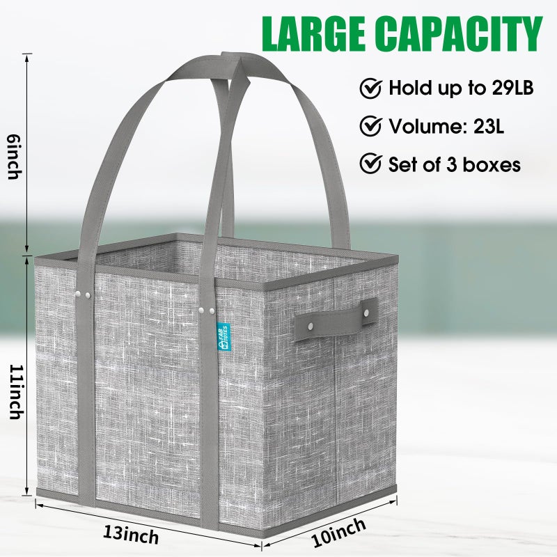 Fab totes Reusable Grocery Bags, Large Foldable Shopping Tote Bags with Reinforced Handles & Hard Bottom,3 Pack,Grey - Image 3
