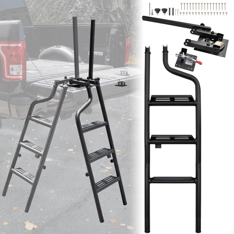 KEWISAUTO 45 Foldable Pickup Truck Tailgate Ladder with Grab Handle 360 Rotatable Heavy Duty Folding Tailgate Step Ladder with Handrail for Ford F250 Dodge RAM 2500 etc Pickup Truck Accessories