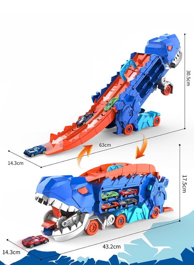 Hanayo Dinosaur Truck Toys Car Transporter Toy Truck Catapulting And Shoo-ting Big Truck with Folding Ejection Race Track and 8 PCS Metal Racing Cars Dinosaur Toys for Kids(Blue) - Image 2