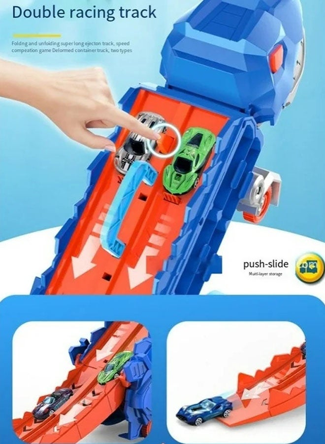 Hanayo Dinosaur Truck Toys Car Transporter Toy Truck Catapulting And Shoo-ting Big Truck with Folding Ejection Race Track and 8 PCS Metal Racing Cars Dinosaur Toys for Kids(Blue) - Image 5