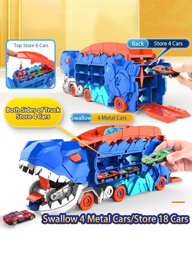 Hanayo Dinosaur Truck Toys Car Transporter Toy Truck Catapulting And Shoo-ting Big Truck with Folding Ejection Race Track and 8 PCS Metal Racing Cars Dinosaur Toys for Kids(Blue) - Image 3