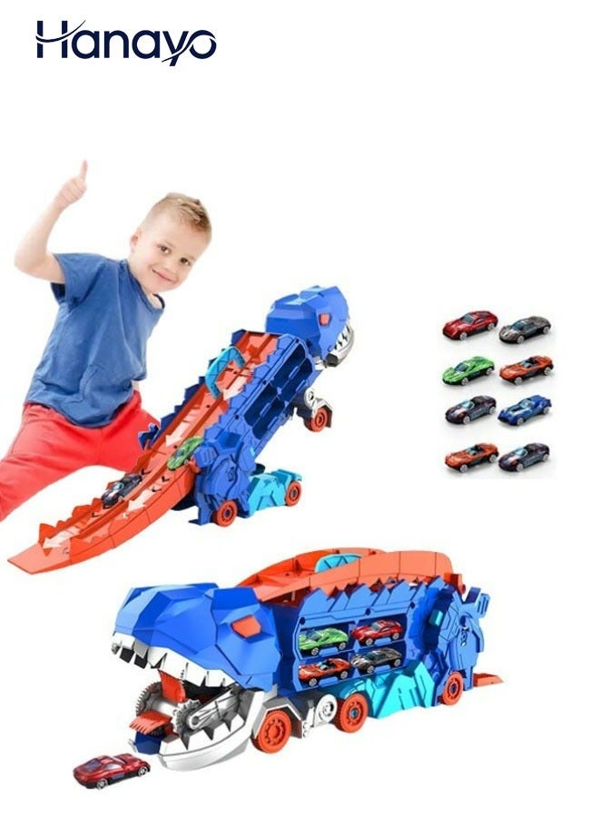 Hanayo Dinosaur Truck Toys Car Transporter Toy Truck Catapulting And Shoo-ting Big Truck with Folding Ejection Race Track and 8 PCS Metal Racing Cars Dinosaur Toys for Kids(Blue) - Image 1