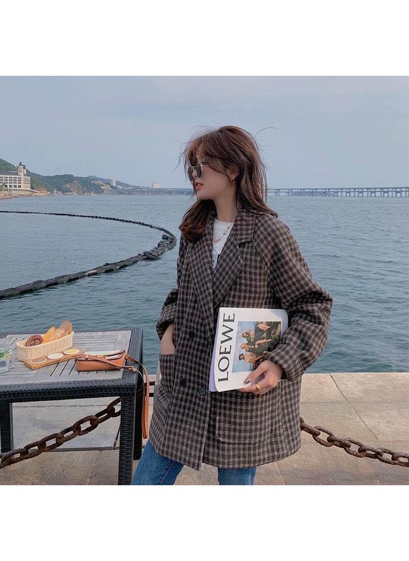 Generic - Korean Loose Retro Plaid Woolen Coat Women Short 2023 Autumn Winter Brown [quilted]] - Image 1