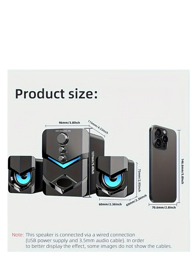 High Quality 2.1 Stereo with Bluetooth Phone Connectivity Desktop Speakers with LED Ambient Lighting - USB Powered, 3.5mm Audio Jack, Wired Connection for PC, Laptop, Tablet, Game Consoles and MP3/MP4 Devices, Modern Blue Design