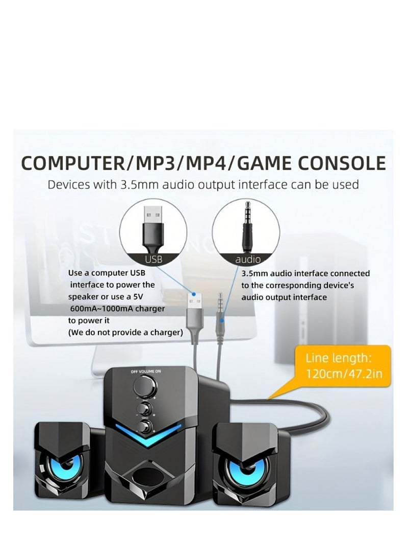 High Quality 2.1 Stereo with Bluetooth Phone Connectivity Desktop Speakers with LED Ambient Lighting - USB Powered, 3.5mm Audio Jack, Wired Connection for PC, Laptop, Tablet, Game Consoles and MP3/MP4 Devices, Modern Blue Design
