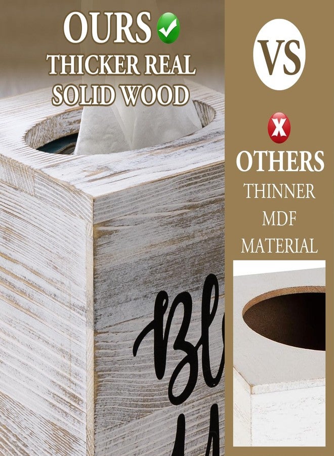 MyGift White Washed Solid Wood Square Tissue Box Cover Holder Decorative Tissue Dispenser Bath Decor with Bless You Design and Easy Refill Slide Out Bottom - Image 2