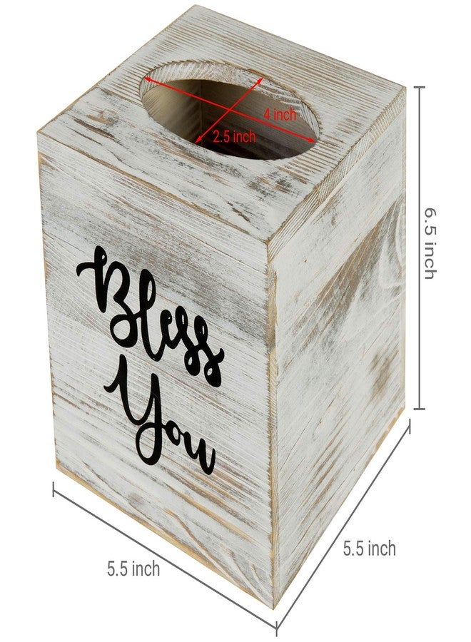 MyGift White Washed Solid Wood Square Tissue Box Cover Holder Decorative Tissue Dispenser Bath Decor with Bless You Design and Easy Refill Slide Out Bottom - Image 4