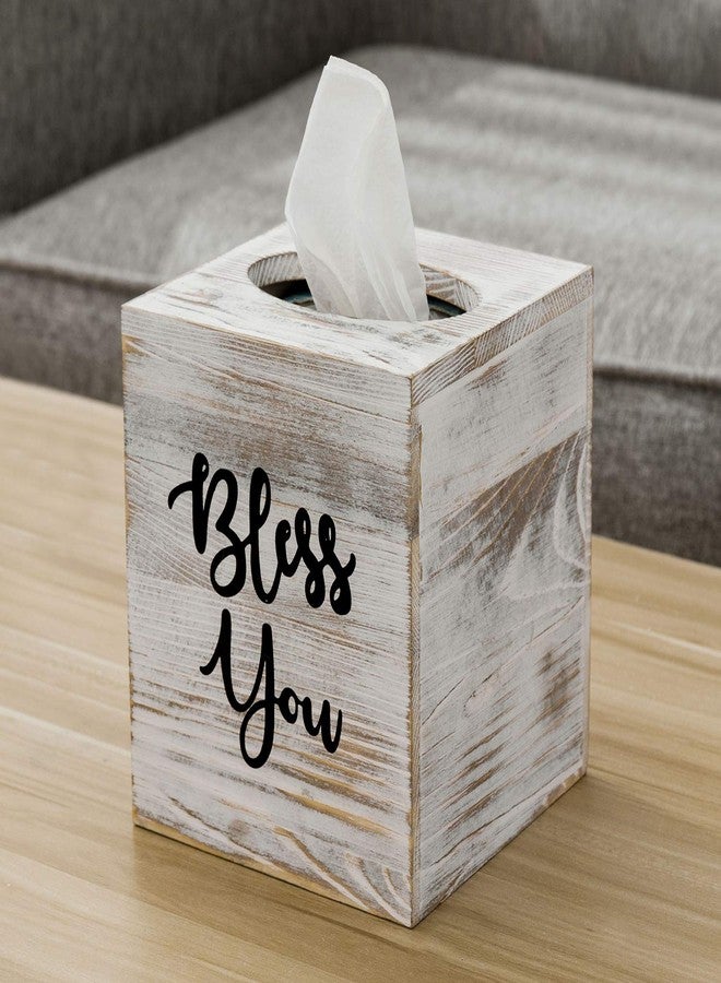 MyGift White Washed Solid Wood Square Tissue Box Cover Holder Decorative Tissue Dispenser Bath Decor with Bless You Design and Easy Refill Slide Out Bottom - Image 1