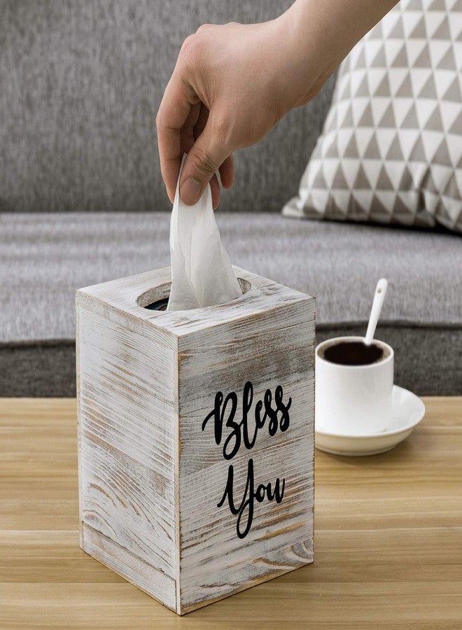 MyGift White Washed Solid Wood Square Tissue Box Cover Holder Decorative Tissue Dispenser Bath Decor with Bless You Design and Easy Refill Slide Out Bottom - Image 3