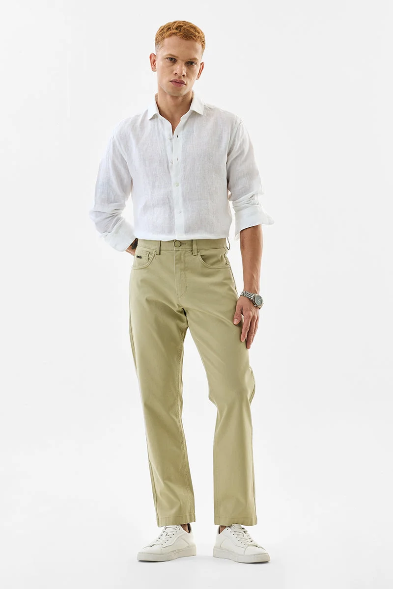SNITCH Beige Solid Slim Fit Casual Trousers