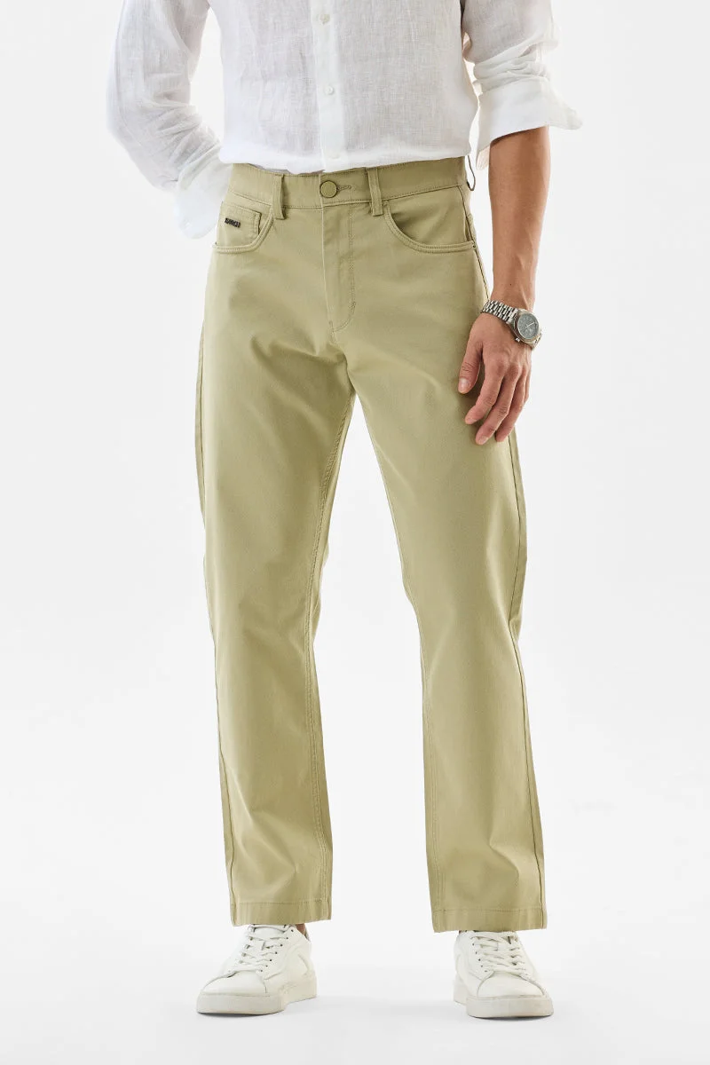 SNITCH Beige Solid Slim Fit Casual Trousers