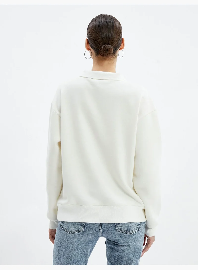 كوتون Polo Neck Sweatshirt Brushed Interior Varsity Themed Printed
